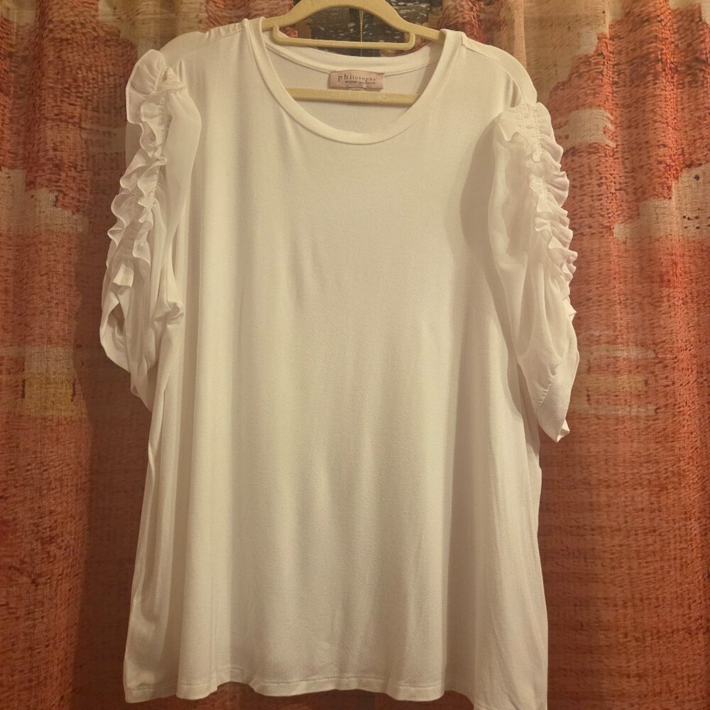❄️ 3/$25 Philosophy White Ruffle Sleeve Soft Knit Tee Top Plus Size 2X